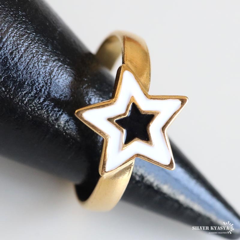 ステンレス スターリング 星リング オープンリング 白黒 かわいい