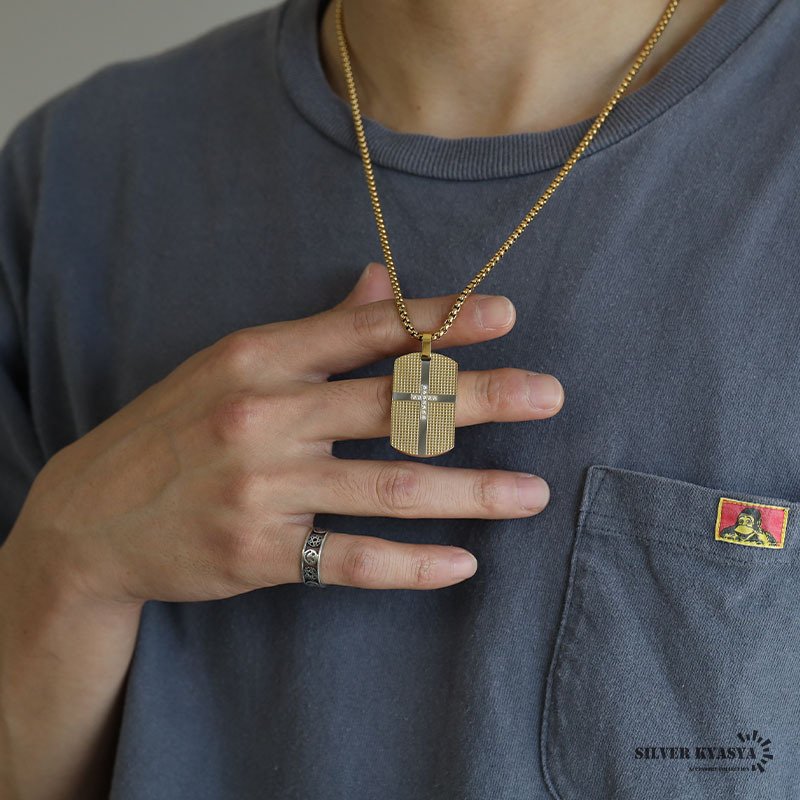 存在感 メンズネックレス クロス ドッグタグネックレス ゴールド 金