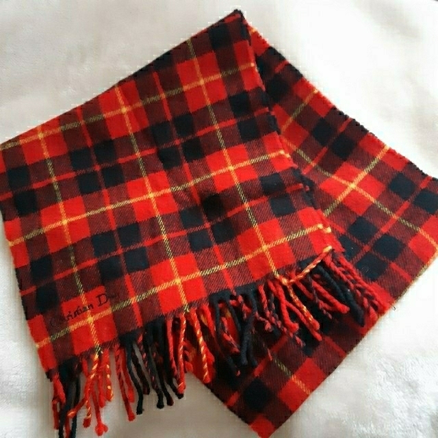 Christian Dior - Christian dior 赤 チェック マフラー ロゴ刺繍の