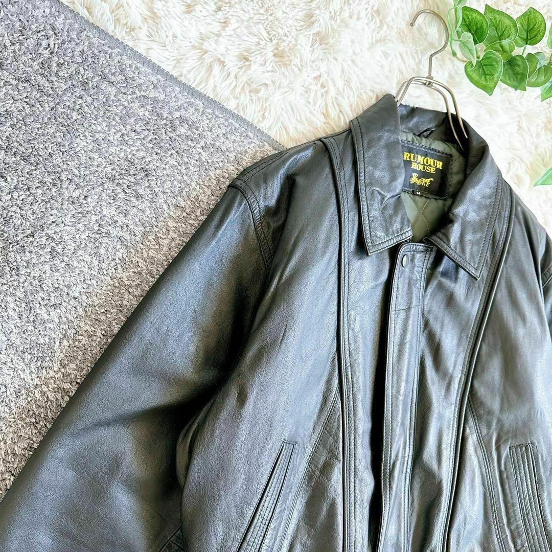 韓国古着 オールド レザージャケット ブルゾン 黒 革ジャン 牛革 短丈
