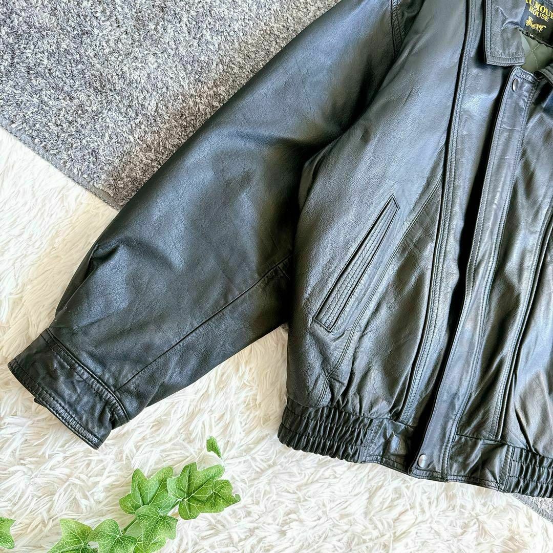 韓国古着 オールド レザージャケット ブルゾン 黒 革ジャン 牛革 短丈