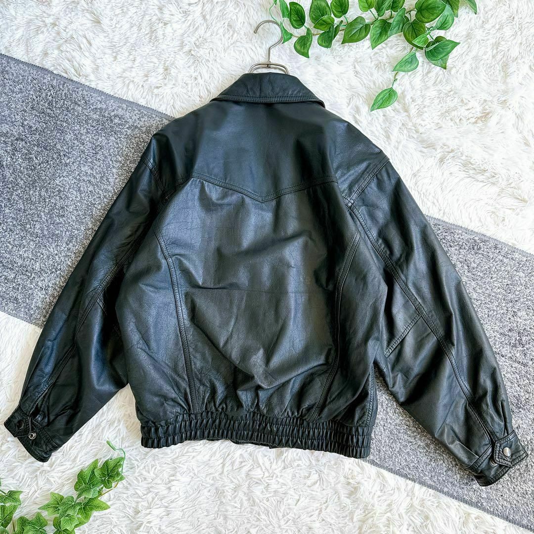 韓国古着 オールド レザージャケット ブルゾン 黒 革ジャン 牛革 短丈