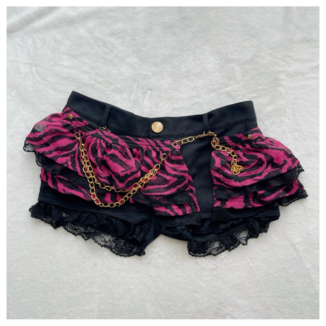 y2k 平成ギャル ヒョウ柄 チェーン付き フリル レース ショートパンツ