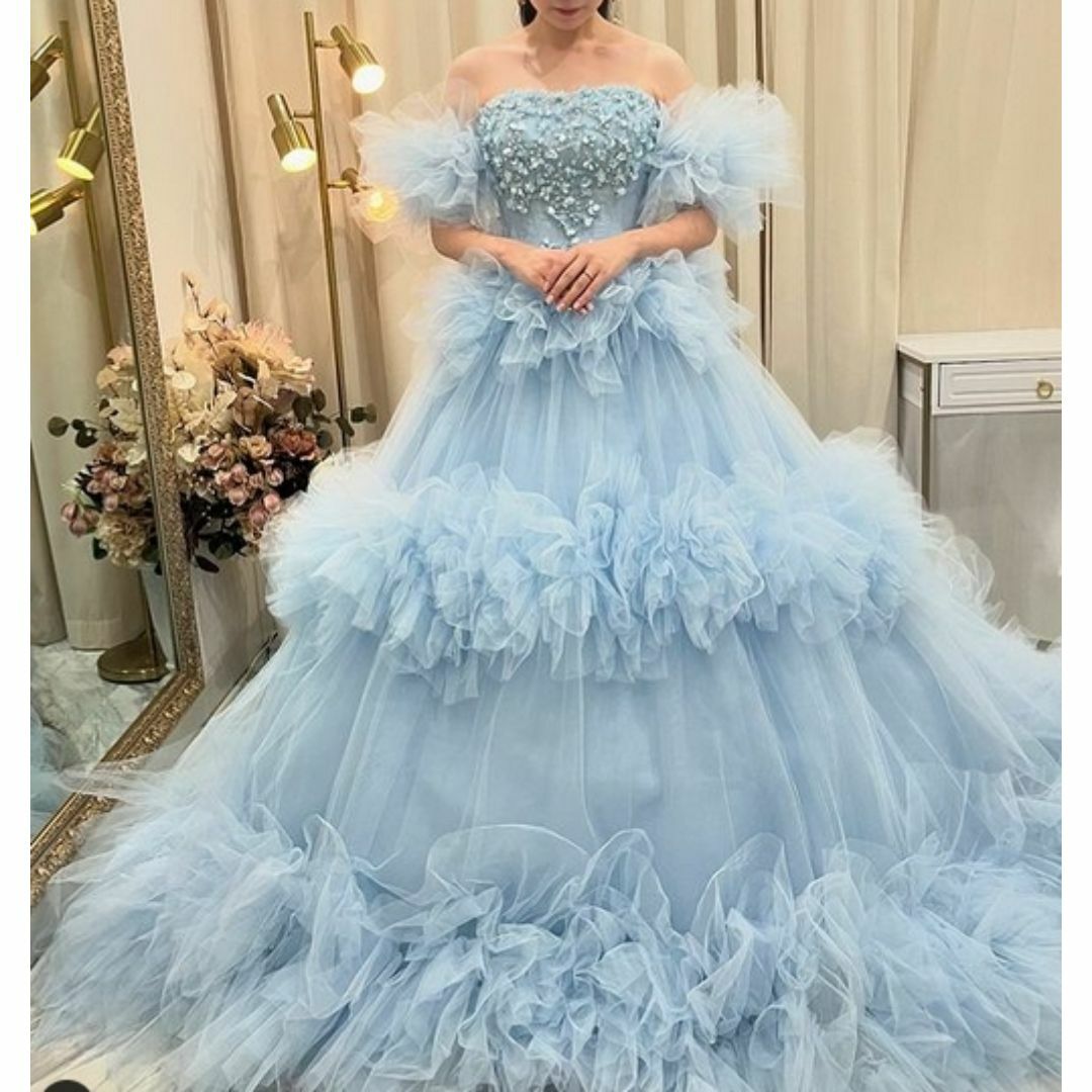 ブルー カラードレス フリル袖 3D立体花レース刺繍 ボリュームドレス