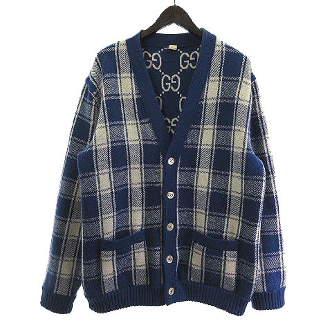 GUCCI - グッチ GG リバーシブル チェック ウール カーディガン 青 Mの