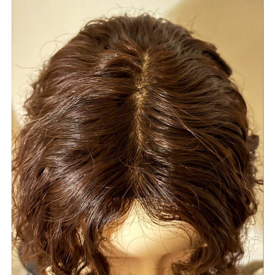 人毛100% パーマ ウエーブ ヘアピース 人工スキン 部分ウイッグ ブラウン