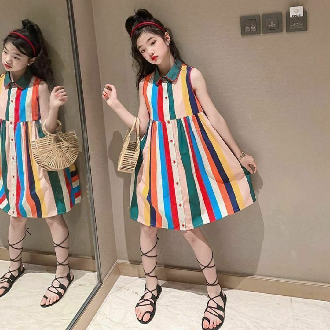 子供服 カラフルワンピース 虹色 韓国 ダンス 衣装 発表会 160㎝の通販