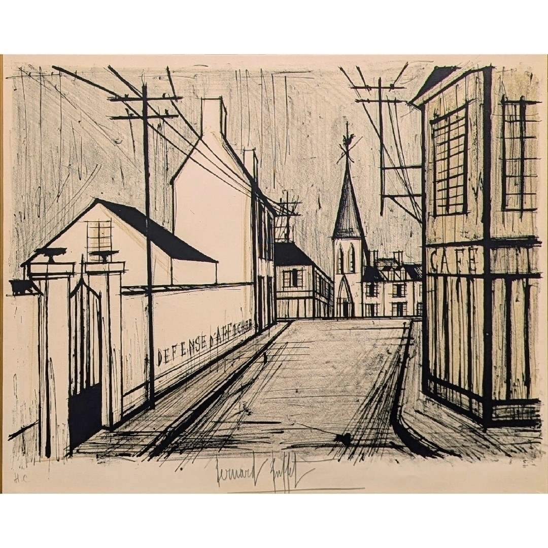 ベルナール・ビュッフェ「坂道と教会」リトグラフ 直筆サイン 1969年