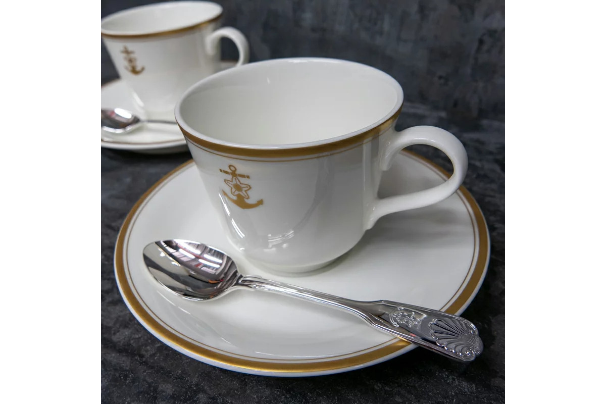 コーヒーカップ＆ソーサー2客(桜に錨)＋海軍復刻ティースプーン2本(捧