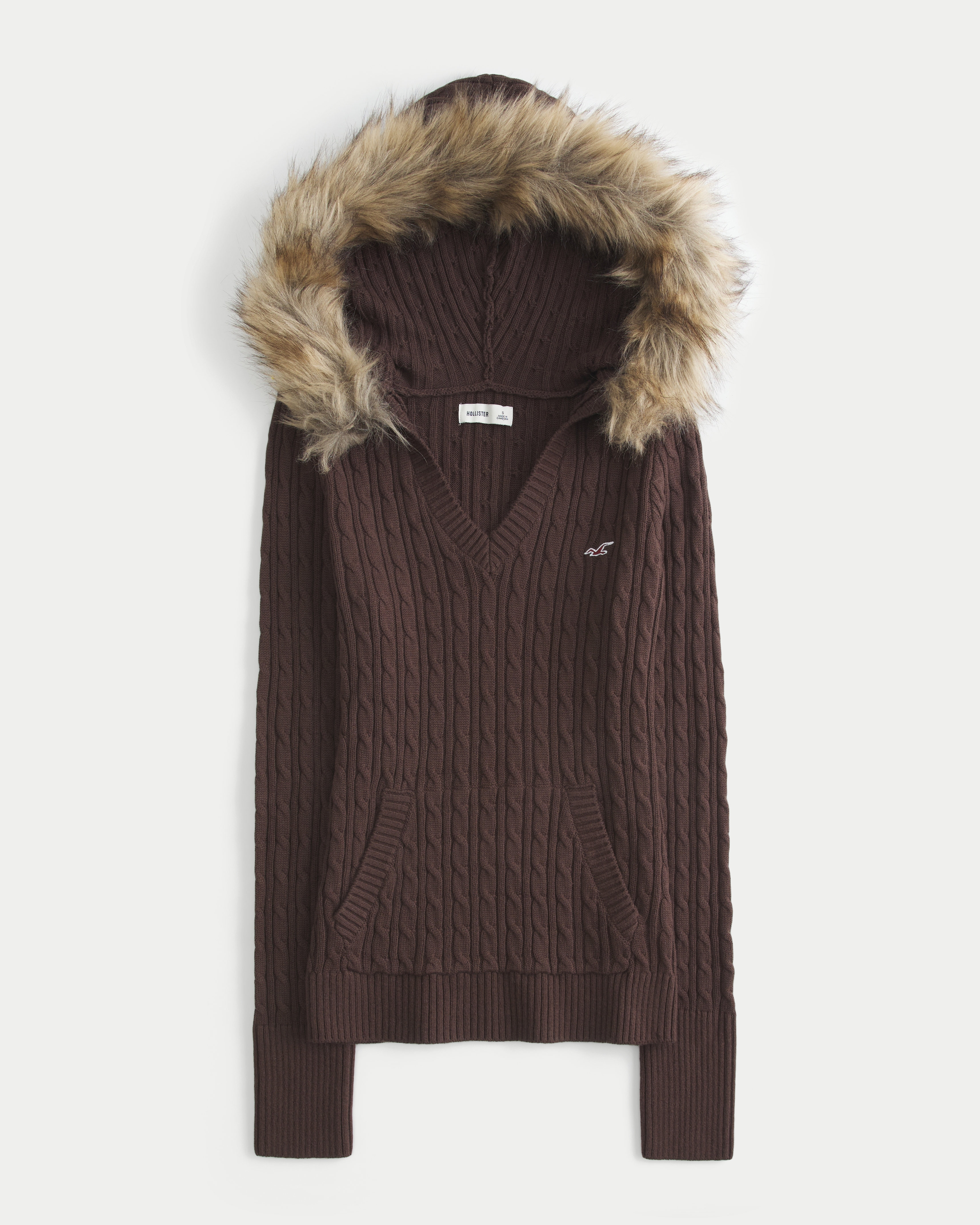 Hollister Faux Fur Trim Hooded Cable-Knit Sweater at Hamilton