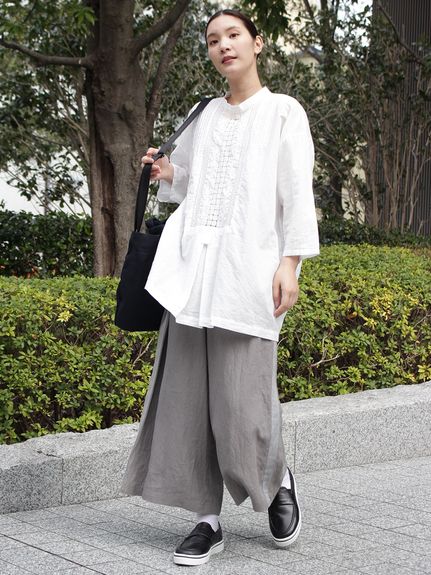 リネン高密度ウェザーマイクローブ加工ギャザーパンツ(裏地無し