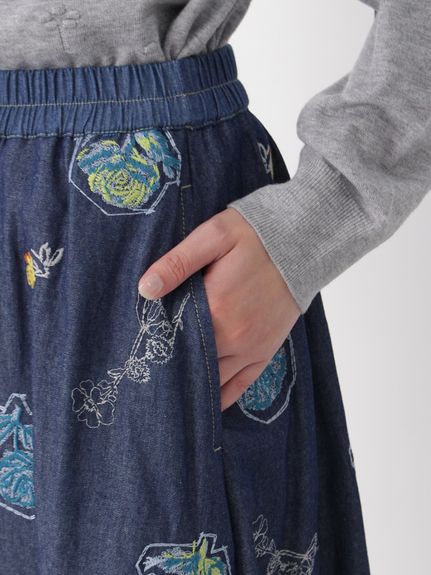 ライトオンスデニム ローズスケッチ刺繍スカート(裏地無し)（ロング