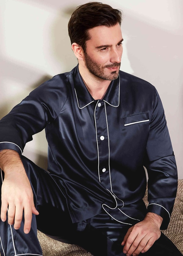 22匁 メンズ 上質 シルクパジャマ 上下セット【ダブル パイピング