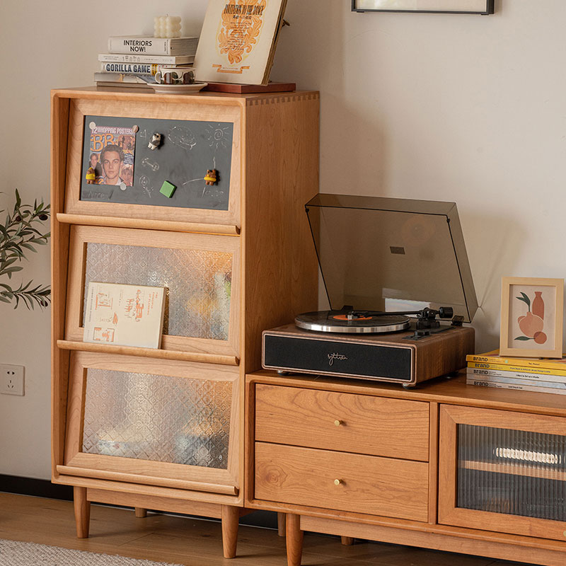 Woody Prime Cherry ブラックボード付きベゴニアガラス扉キャビネット