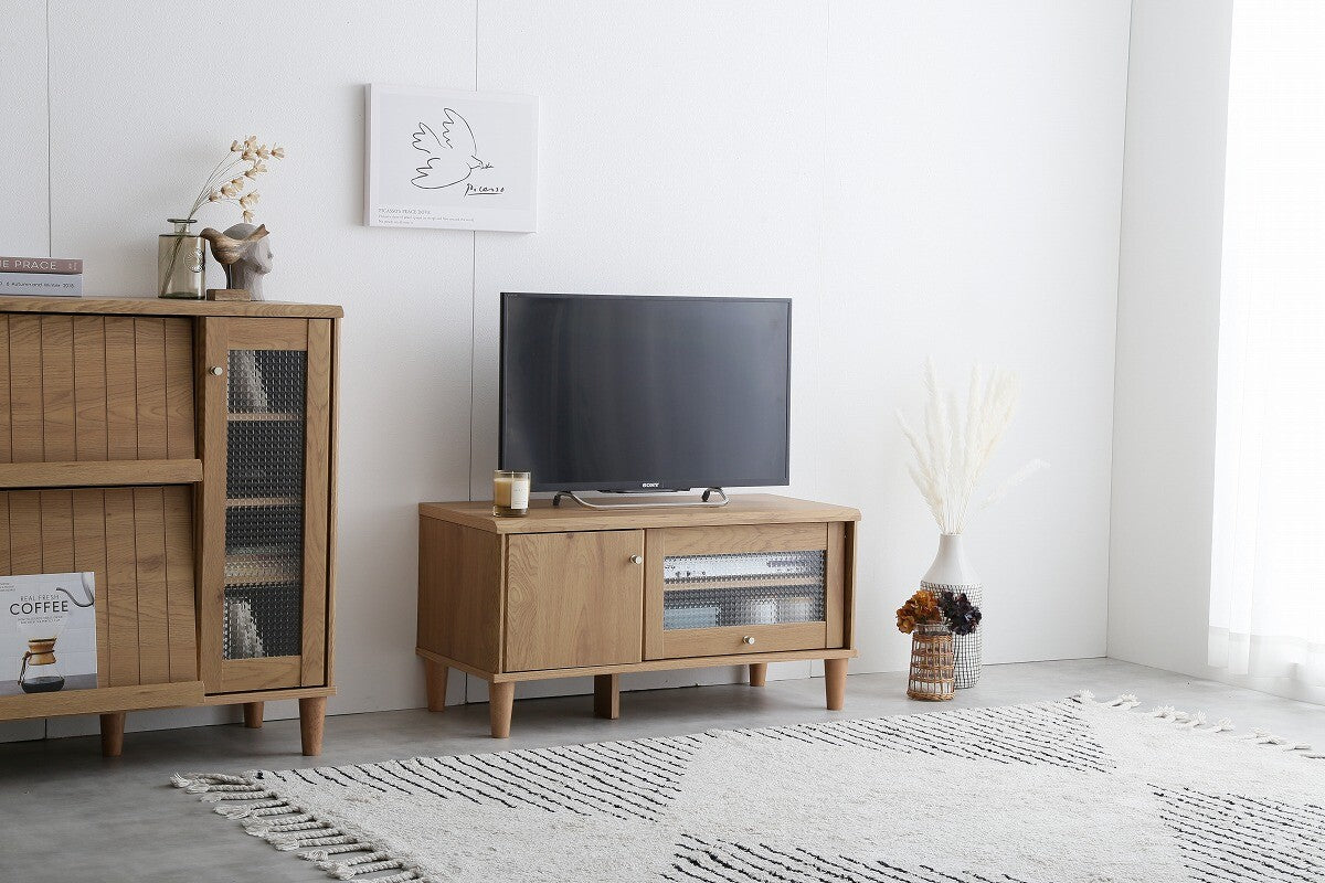 モダン木製ガラス扉付きテレビ台 | 洗練されたデザインと豊富な収納力