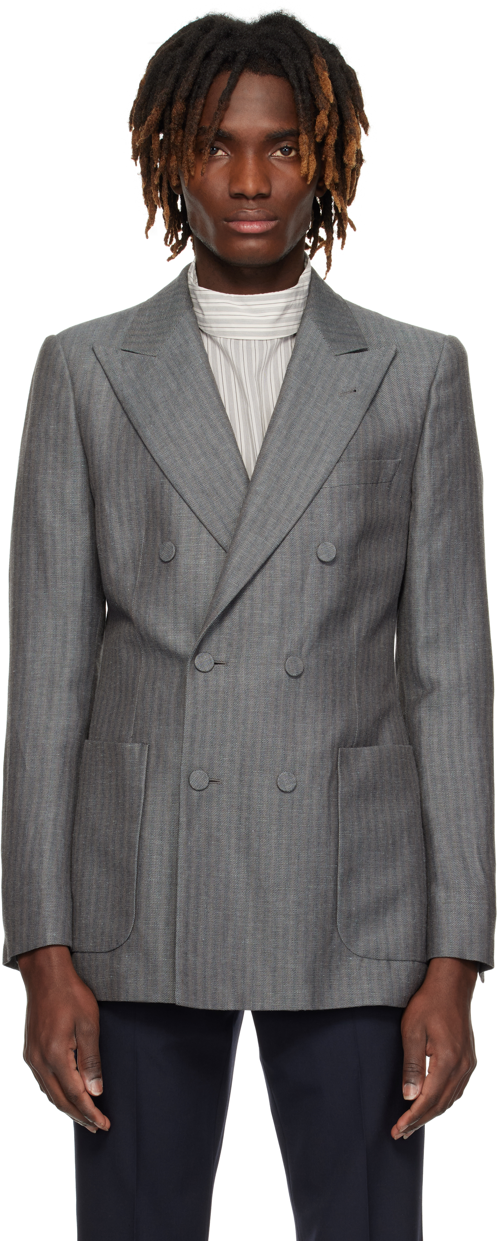 Gray Striped Blazer by Dries Van Noten on Sale