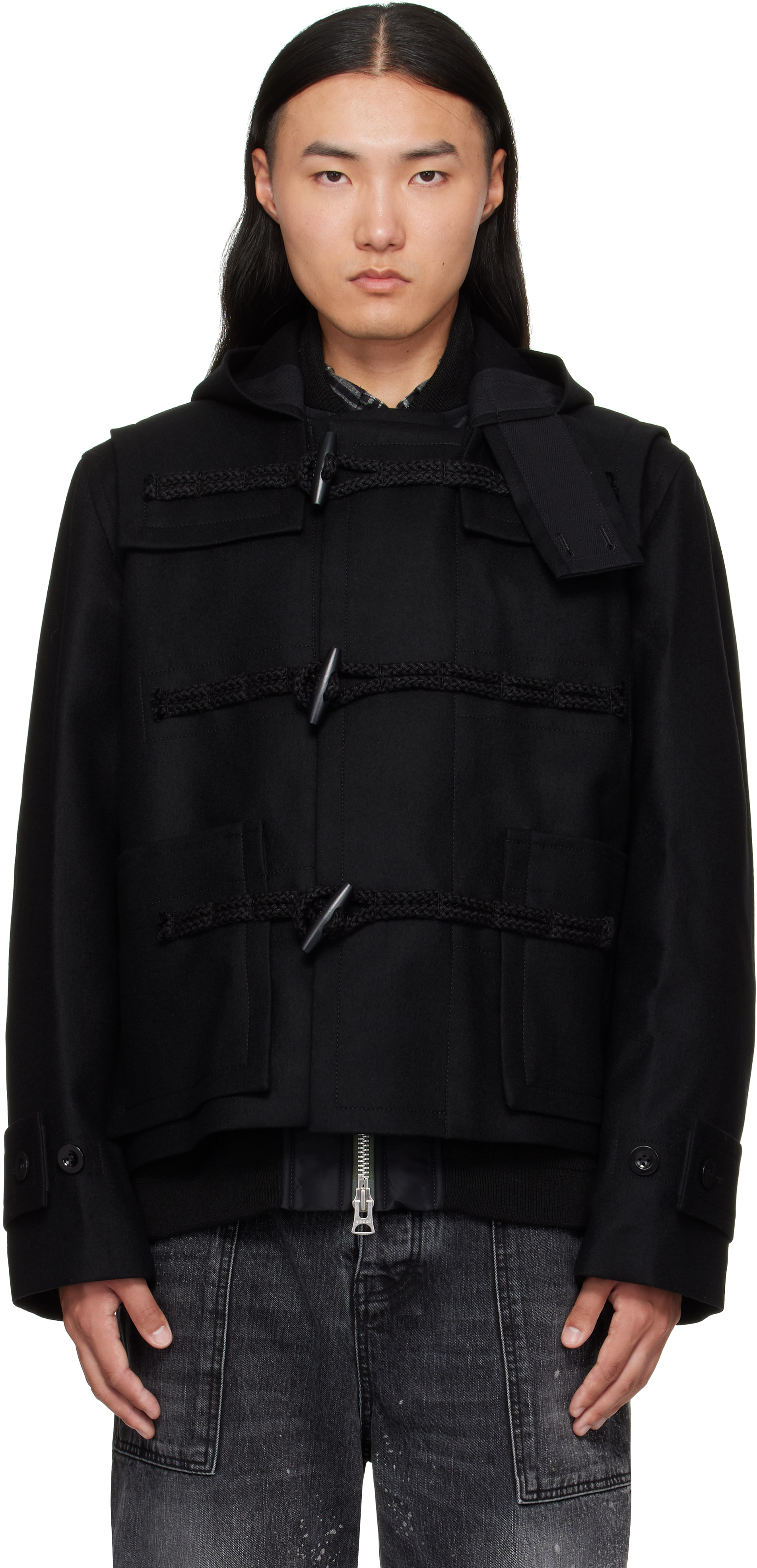 sacaiのブラック メルトンウール ボンバージャケットがセール中