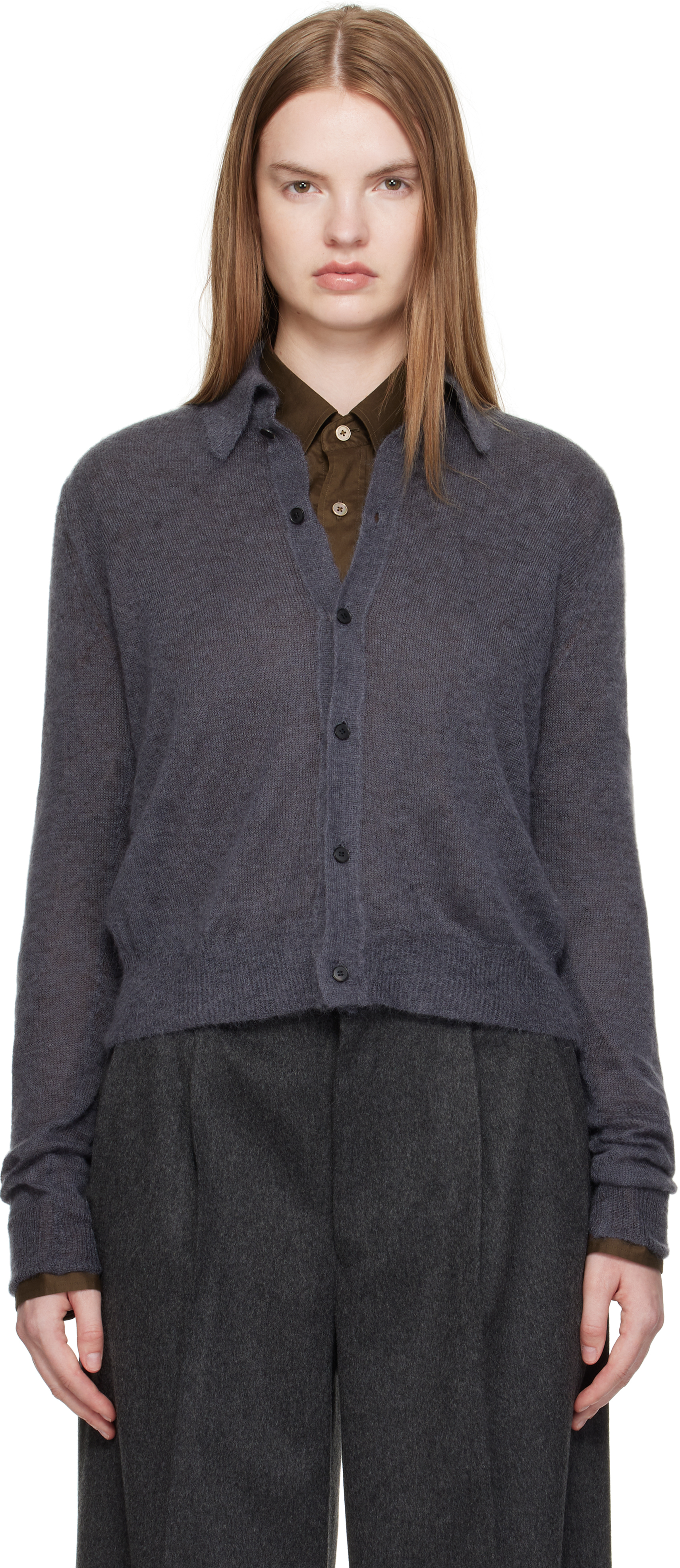 Gray Kid Mohair Sheer Knit Shirt Cardigan by AURALEE on Sale