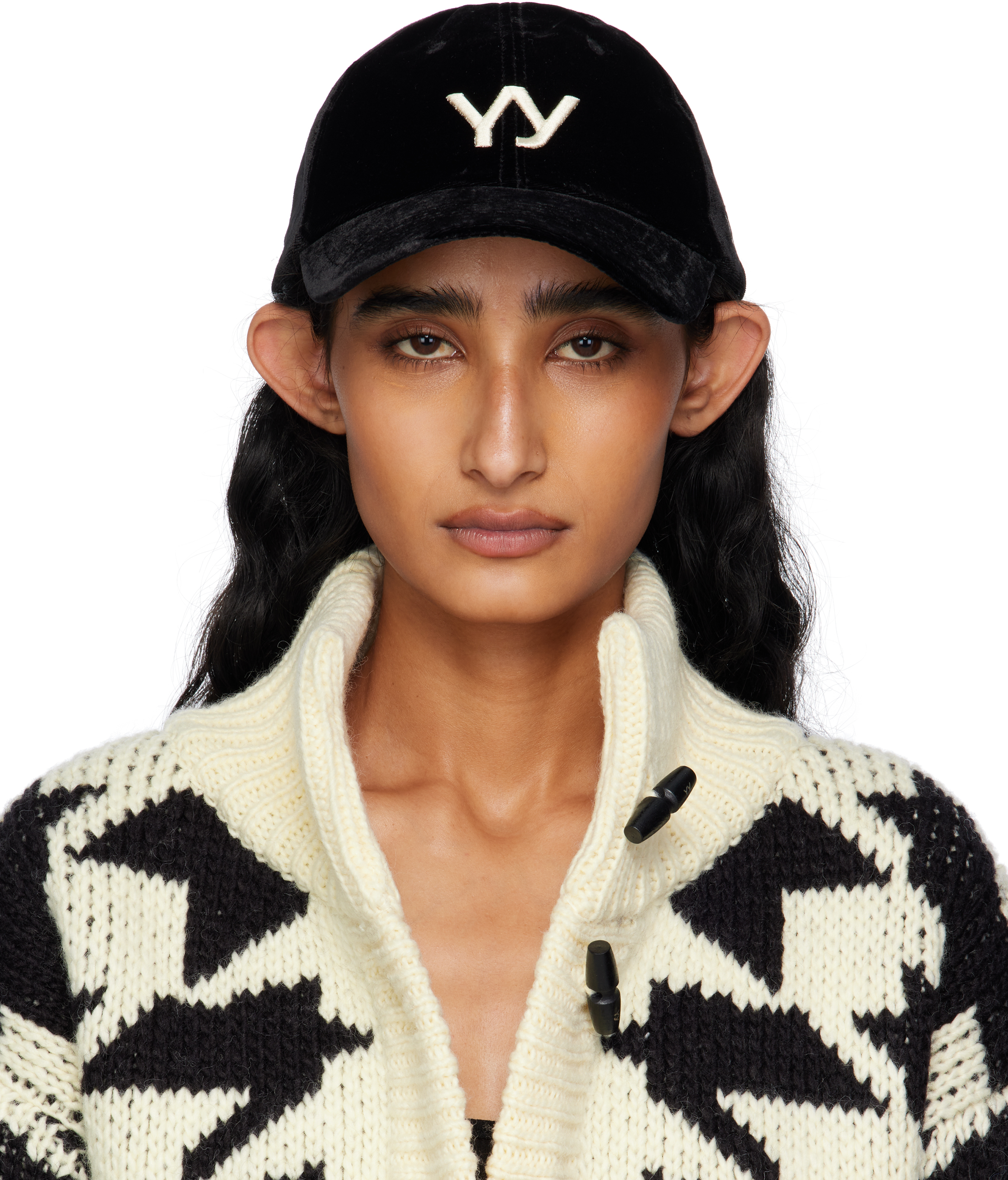 Black 'Yy' Velvet Ball Cap by OPEN YY on Sale