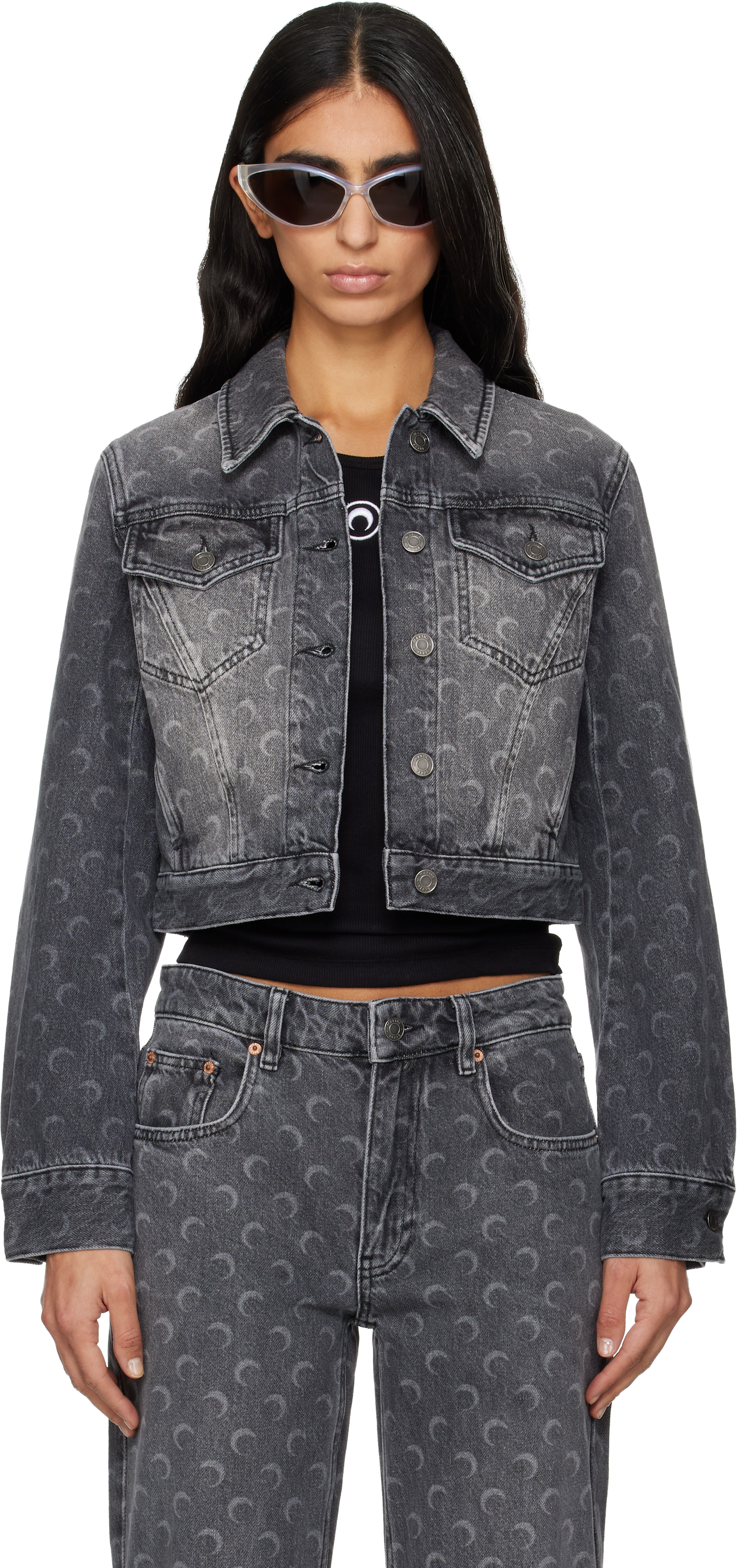Gray Moon Laser Cropped Denim Jacket by Marine Serre on Sale