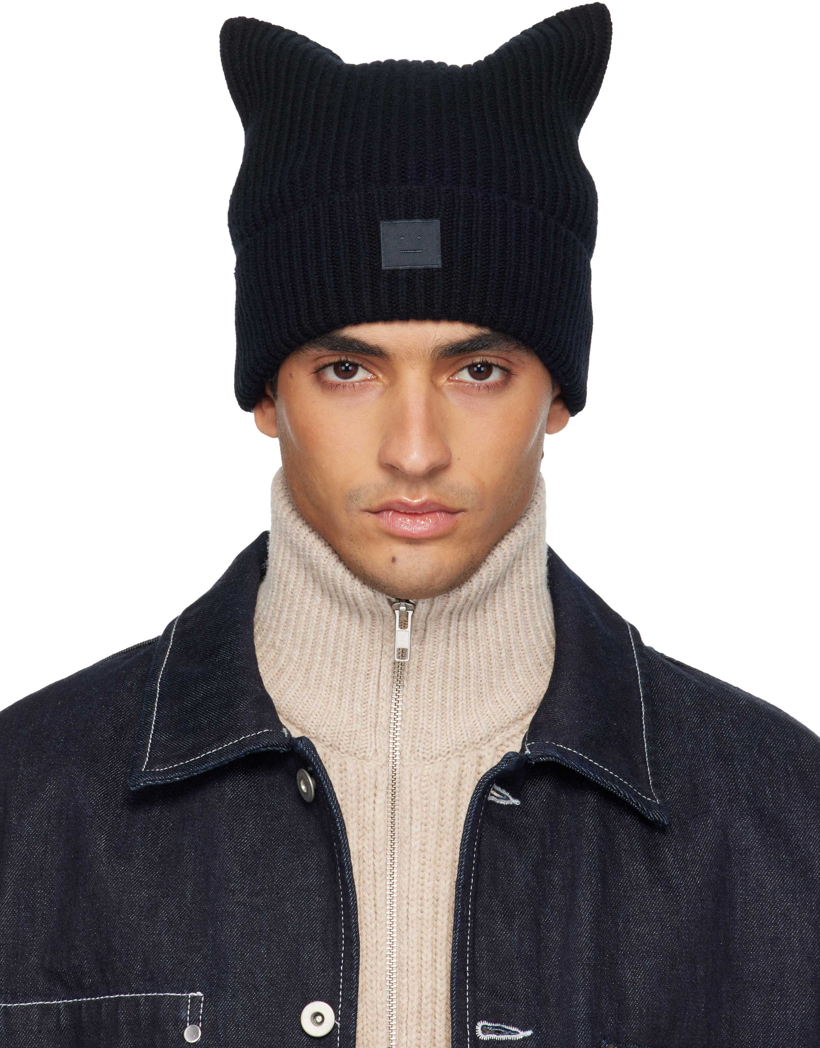 Acne Studios: ブラック ロゴ スクエア ビーニー | SSENSE 日本