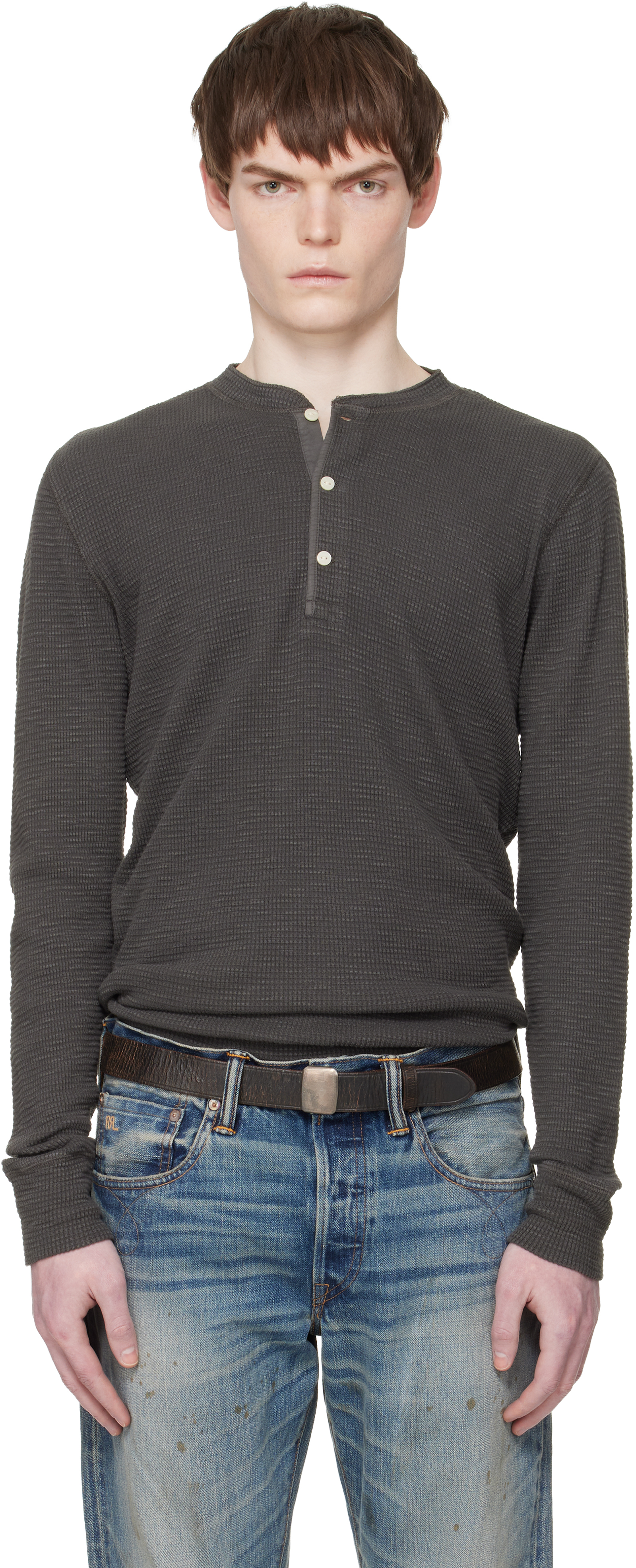 RRL: グレー ワッフル ヘンリーネック Tシャツ | SSENSE 日本