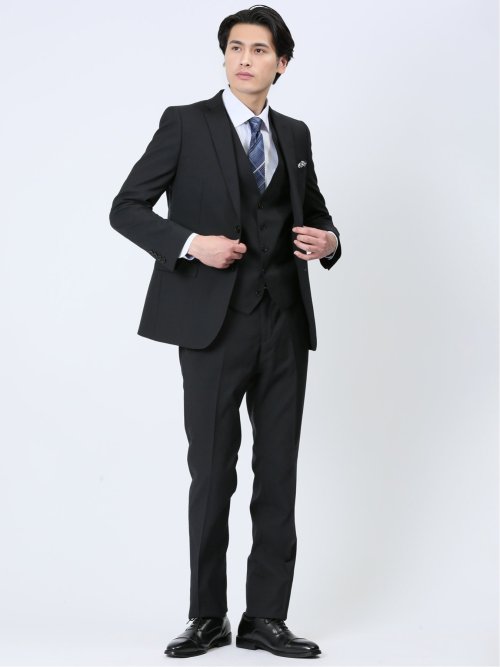 超光沢ストレッチ スリムフィット 2ボタン3ピーススーツ 千鳥黒(Y4 05