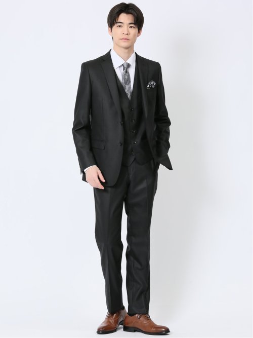 ウール混ストレッチ スリムフィット 2ボタン3ピーススーツ シャドー