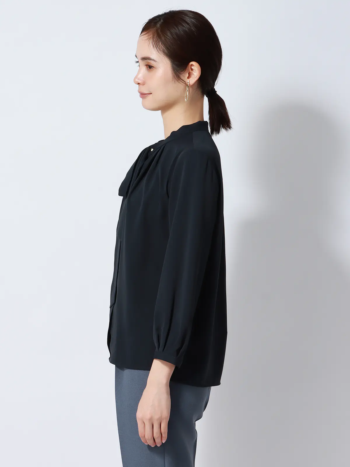 ボウタイタックブラウス／7分袖／ウォッシャブル／ジョーゼット