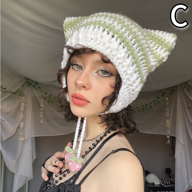 帽子 ニット 猫耳 毛糸 ビーニー ストライプ ニットボール レディース