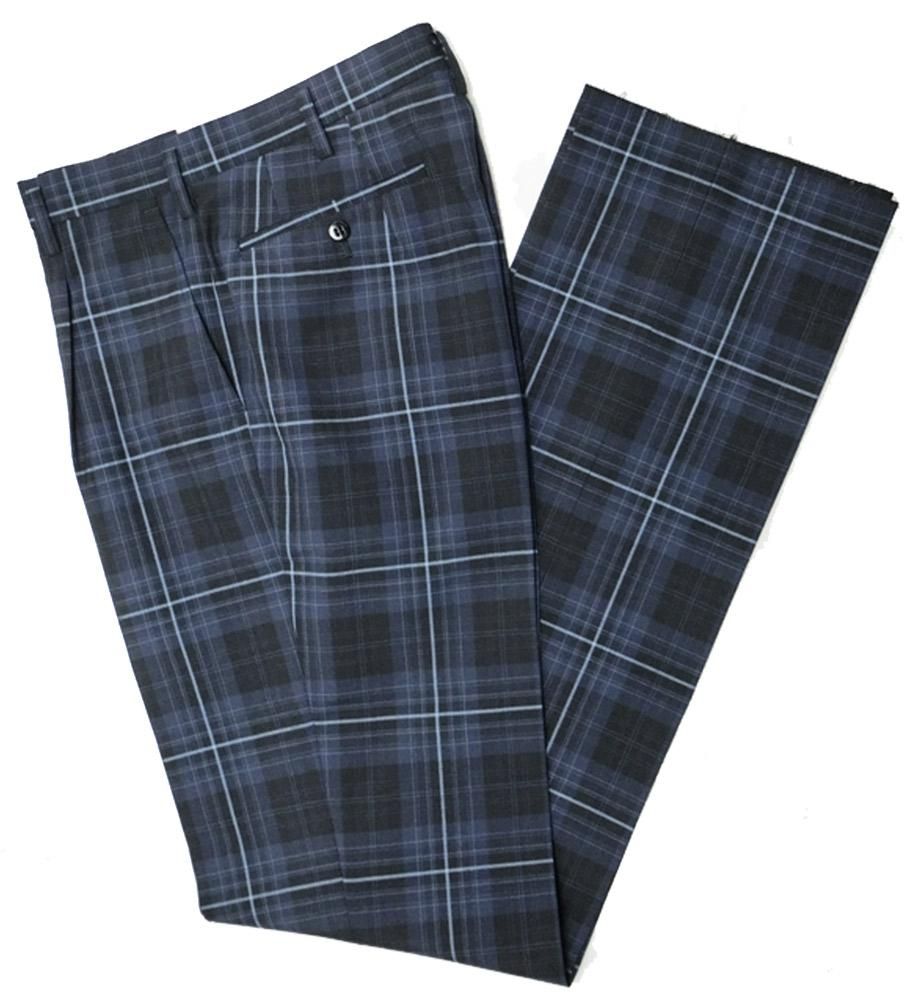 制服スラックス 夏用 紺×ブルーチェック ワンタック W100 中学/高校