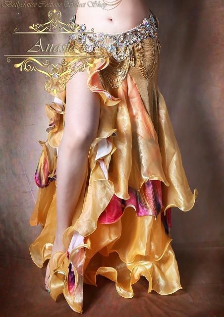 ベリーダンス フレアスカート ゴールド×柄 オリエンタルスカート