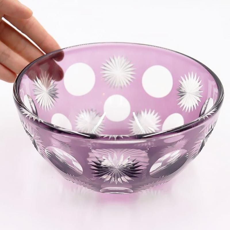 紫切子 ガラス ボウル 鉢 盛り鉢 水玉 菊 モダン 昭和レトロ 大正