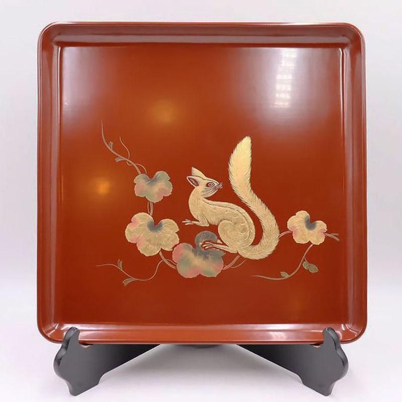 折敷 輪島塗 古代朱 沈金 昭和初期 36cm四方盆