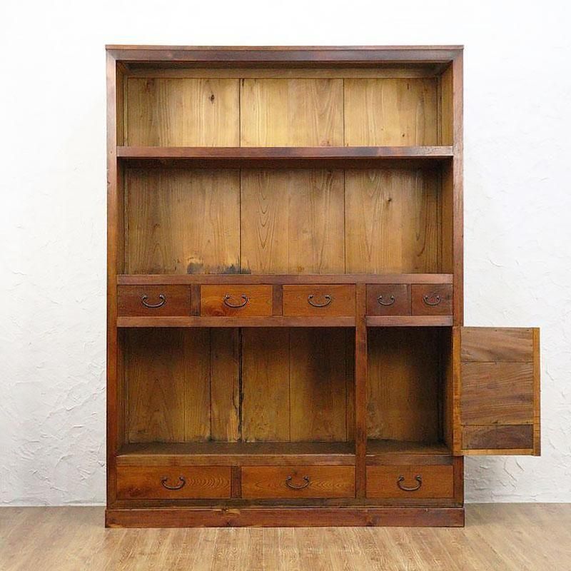 希少サイズ 四尺 格子 ダイヤガラス入り 水屋箪笥 キャビネット 食器棚