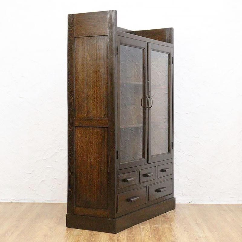 昭和レトロなアンティーク本箱｜ガラス扉と引出し5杯付きで収納力も