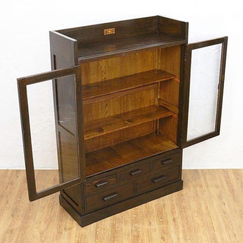 昭和レトロなアンティーク本箱｜ガラス扉と引出し5杯付きで収納力も