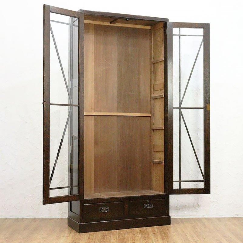 大正昭和期 希少な大型書棚 引出し付ナラ材収納