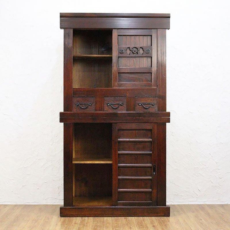 キャビネット 三尺膳棚 水屋箪笥 明治大正 二段重ね 重厚感