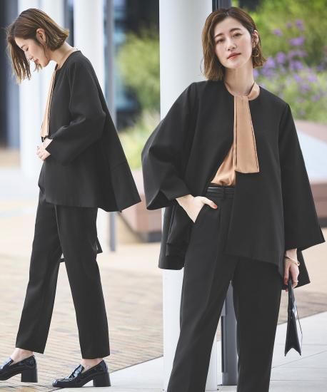 ノーカラーフレアジャケット＆テーパードパンツセットアップスーツ