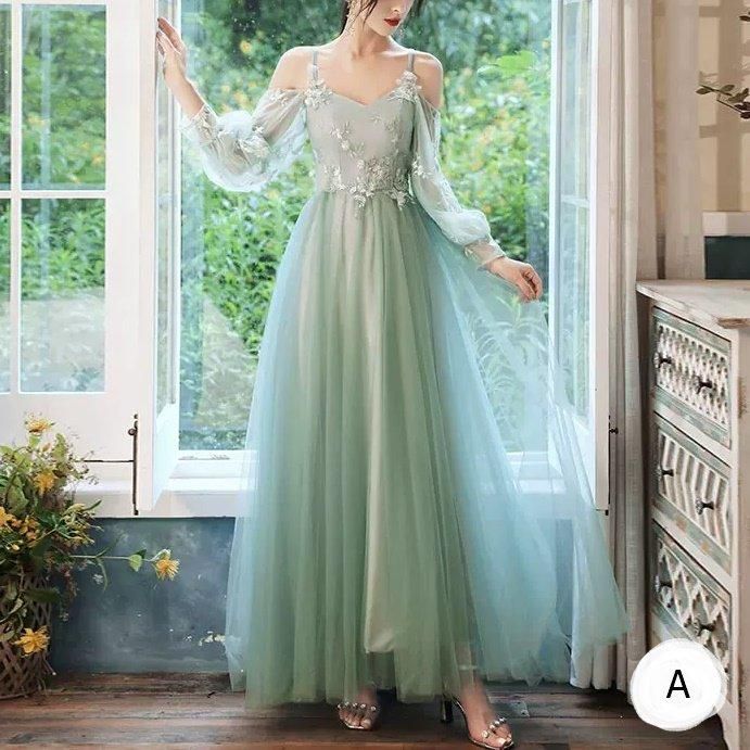 ドレス 花柄 刺繍 シースルー Vネック オープンショルダー Aライン