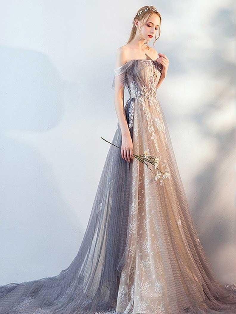 ファンシーグレー・オフショルダートレーンロングドレス/演奏会