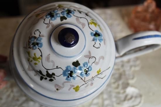 フランス アンティーク ハンドペイント ブルーフラワー ホーローポット