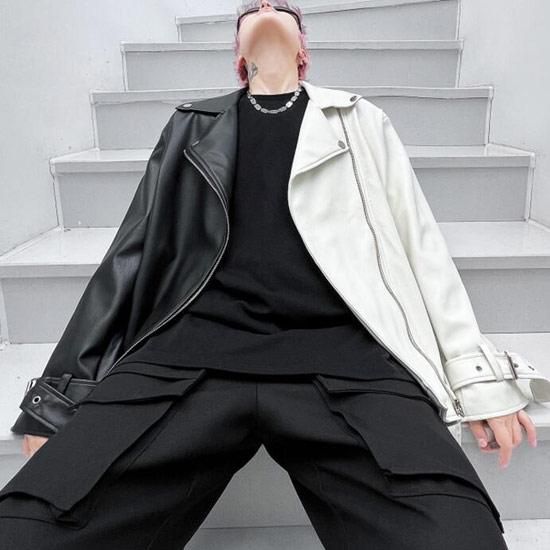 バイカラーライダースジャケット ブラック×オフホワイト