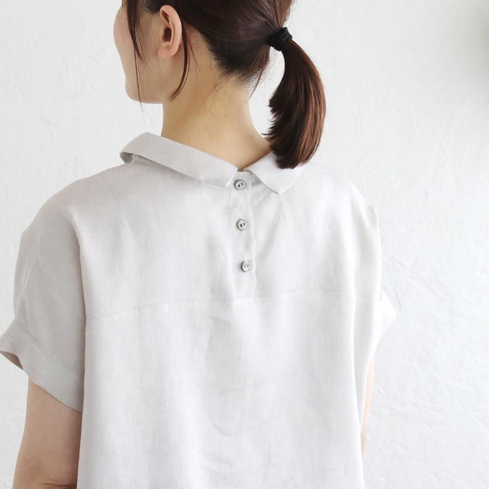 リネン小さな襟の後ろボタンプルオーバーブラウス | パステルグレー