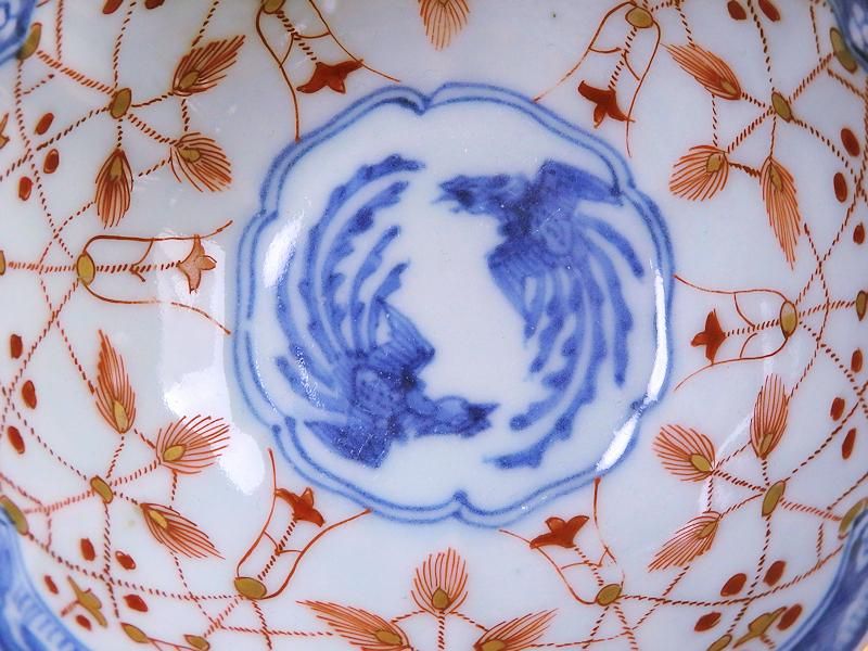 古伊万里 染錦 瓔珞紋に牡丹唐草図 向付