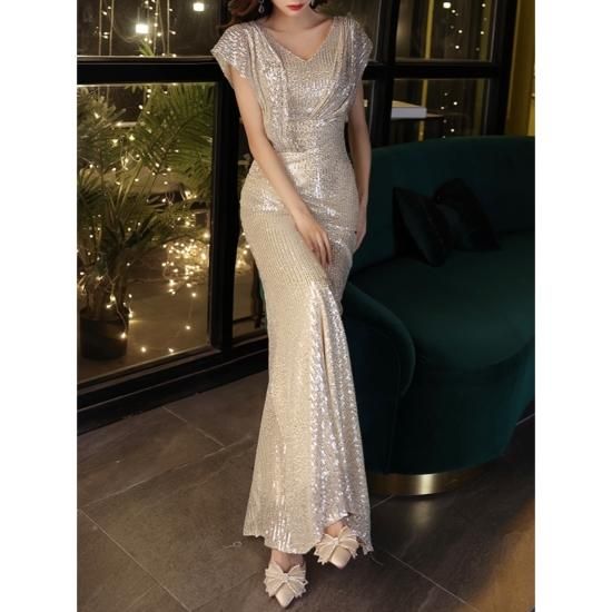 ドレス ロングドレス イブニングドレス Vネック ノースリーブ