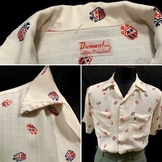 50s 総柄 レーヨンシャツ アトミック柄 赤青白 ヴィンテージ