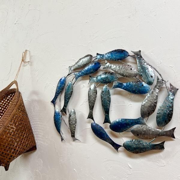 アイアンお魚さんの群れ壁掛けオブジェ（ブルー＆シルバー）