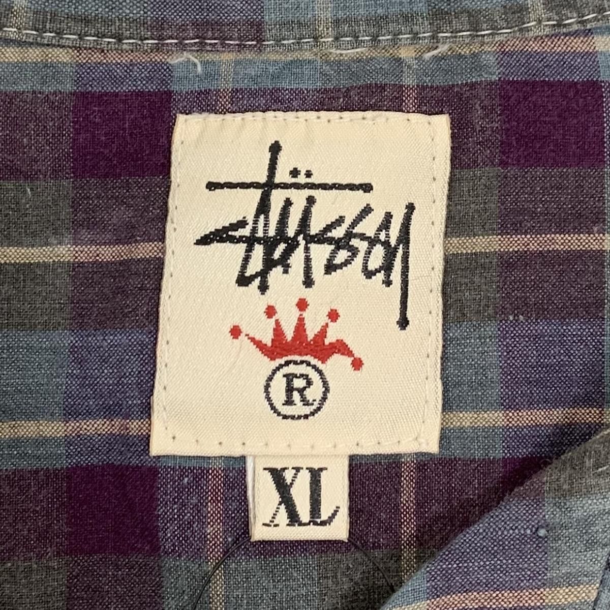 USA製 90s OLD STUSSY Check Cotton Open Collar S/S Shirt 紫 XL 白